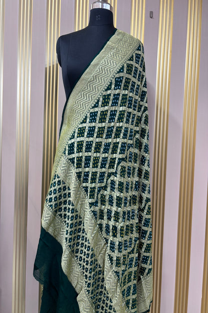 Bottle Green Pure Bandhani Banarasi Brocade Woven Georgette Dupatta