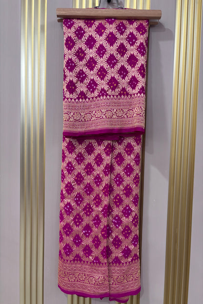 Fuschia Pink Pure Bandhani Banarasi Brocade Woven Georgette Dupatta