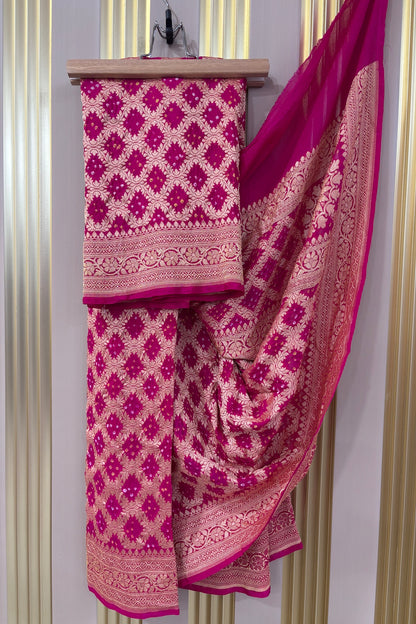 Fuschia Pink Pure Bandhani Banarasi Brocade Woven Georgette Dupatta