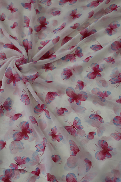 Pearl White Butterfly Printed Georgette Fabric