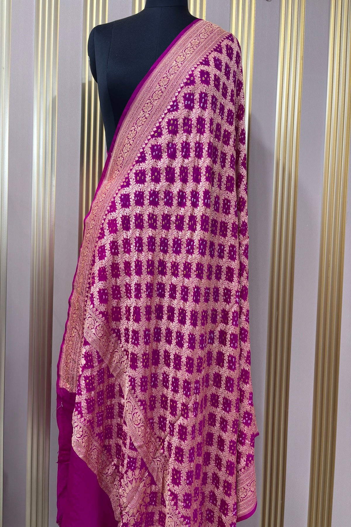Fuschia Pink Pure Bandhani Banarasi Brocade Woven Georgette Dupatta