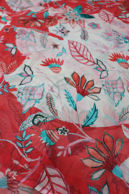 Hues Of Rasberry pink Floral Prints On Pearl White Georgette Fabric