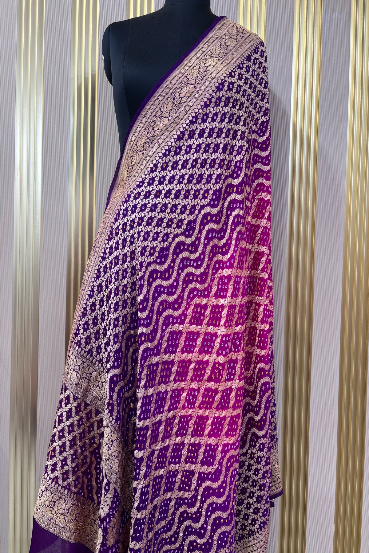 Hues Of Pink & Violet Pure Bandhani Banarasi Brocade Woven Georgette Dupatta