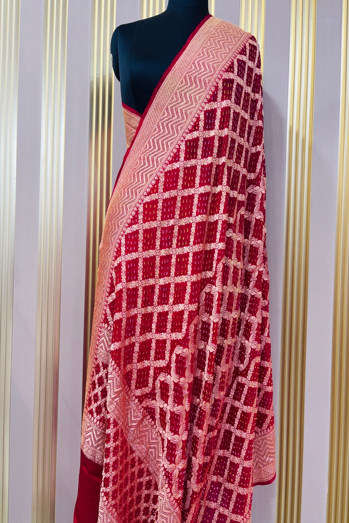Chilly Red Pure Bandhani Banarasi Brocade Woven Georgette Dupatta