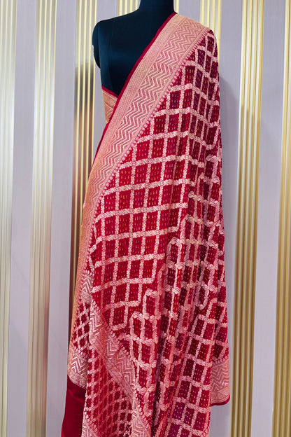 Chilly Red Pure Bandhani Banarasi Brocade Woven Georgette Dupatta