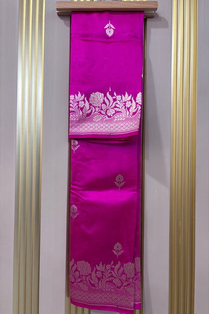 Fuschia Pink Pure Banaras Zari Woven Border With Meena Motif Silk Dupatta