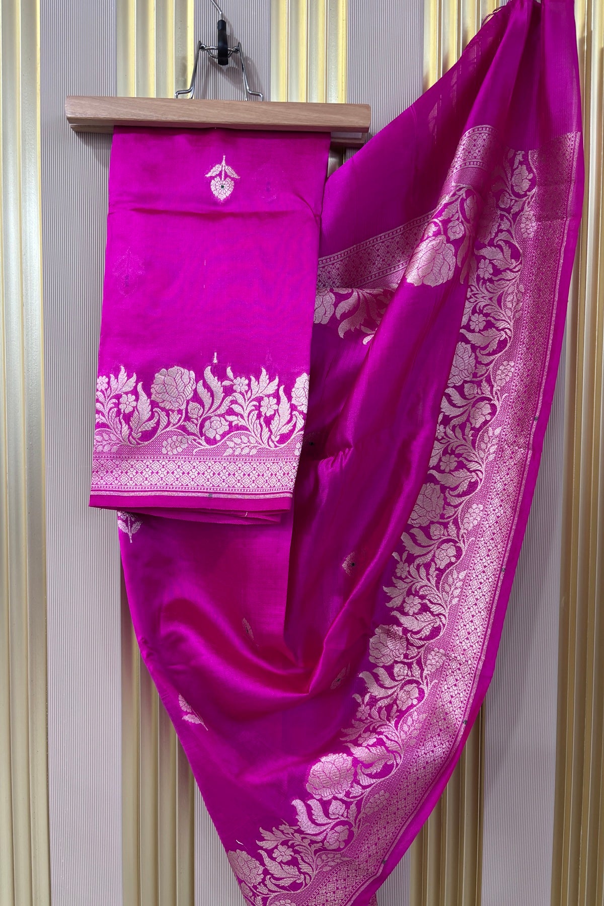 Fuschia Pink Pure Banaras Zari Woven Border With Meena Motif Silk Dupatta