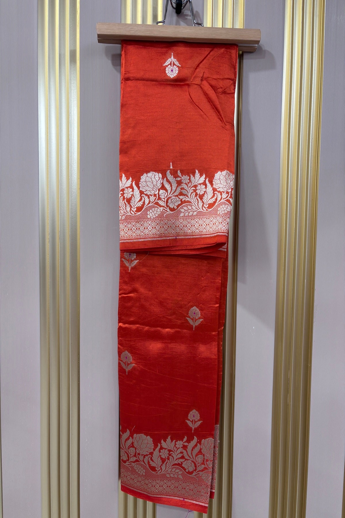 Tangerine Orange Pure Banaras Zari Woven Border With Meena Motif Silk Dupatta