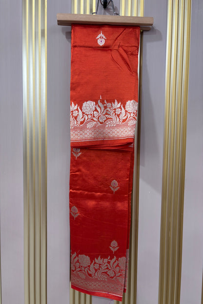 Tangerine Orange Pure Banaras Zari Woven Border With Meena Motif Silk Dupatta