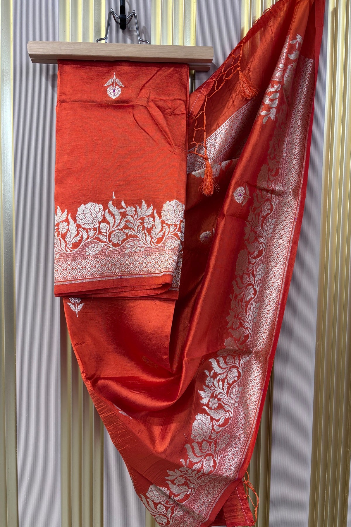 Tangerine Orange Pure Banaras Zari Woven Border With Meena Motif Silk Dupatta
