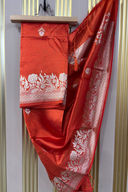 Tangerine Orange Pure Banaras Zari Woven Border With Meena Motif Silk Dupatta