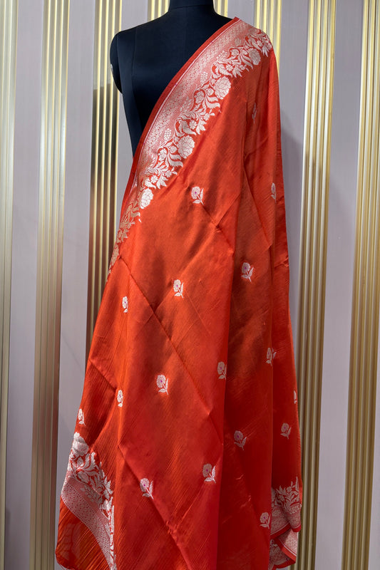 Tangerine Orange Pure Banaras Zari Woven Border With Meena Motif Silk Dupatta