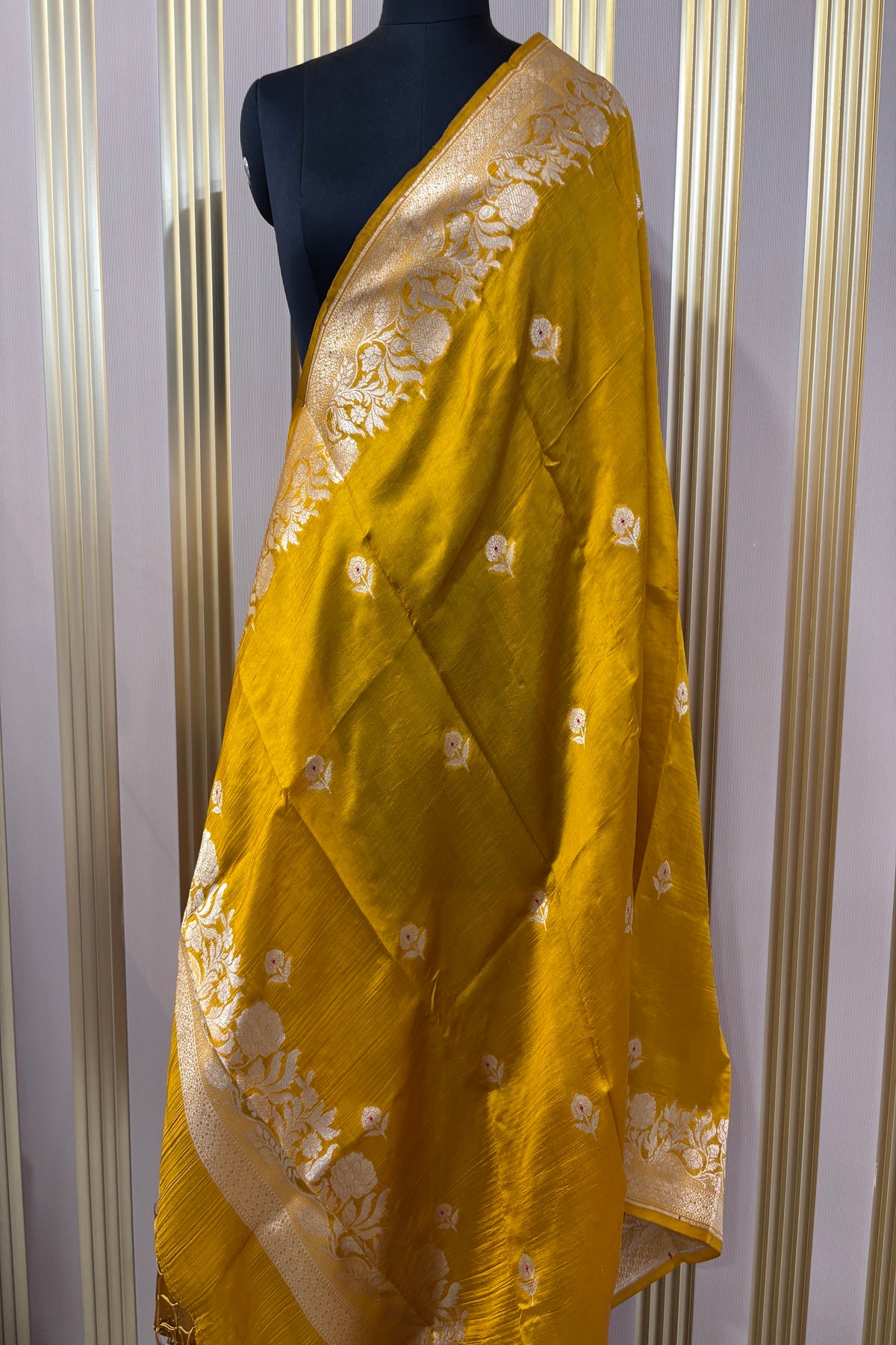 Turmeric Yellow Pure Banaras Zari Woven Border With Meena Motif Silk Dupatta