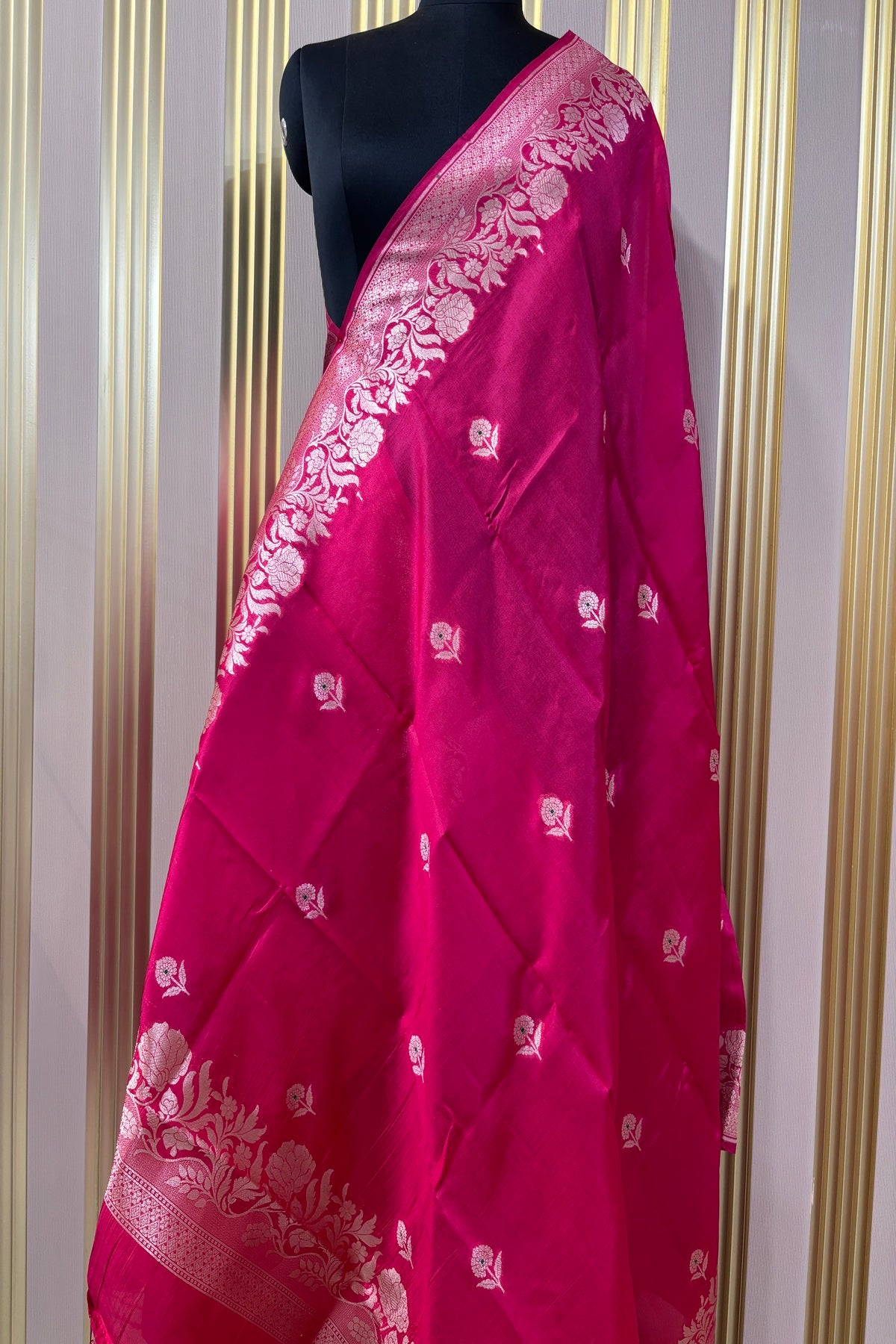 Wild Berry Pink Pure Banaras Zari Woven Border With Meena Motif Silk Dupatta