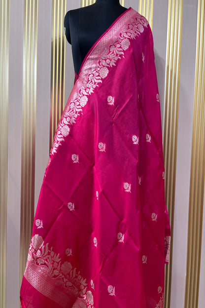 Wild Berry Pink Pure Banaras Zari Woven Border With Meena Motif Silk Dupatta