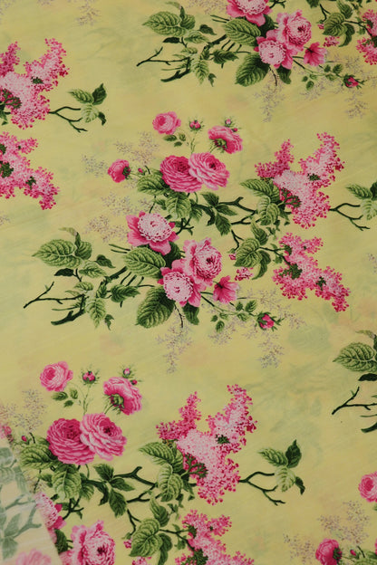Baby Pink Rose Bouquet Printed Semi Rawsilk Fabric