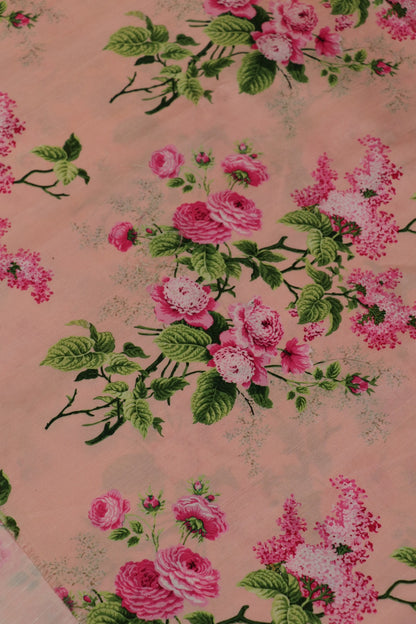 Baby Pink Rose Bouquet Printed Semi Rawsilk Fabric