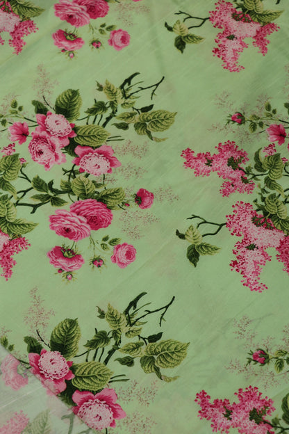 Baby Pink Rose Bouquet Printed Semi Rawsilk Fabric