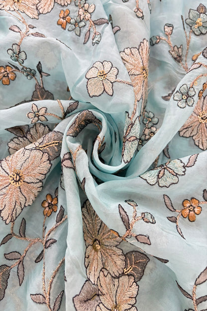 Floral Zaal Embroidery With Sequins & Zari Threads Highlighted Organza Fabric