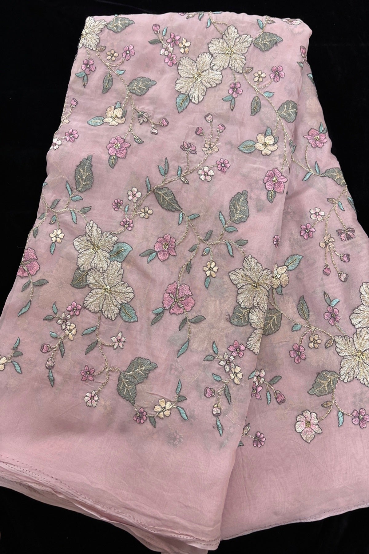 Floral Zaal Embroidery With Sequins & Zari Threads Highlighted Organza Fabric