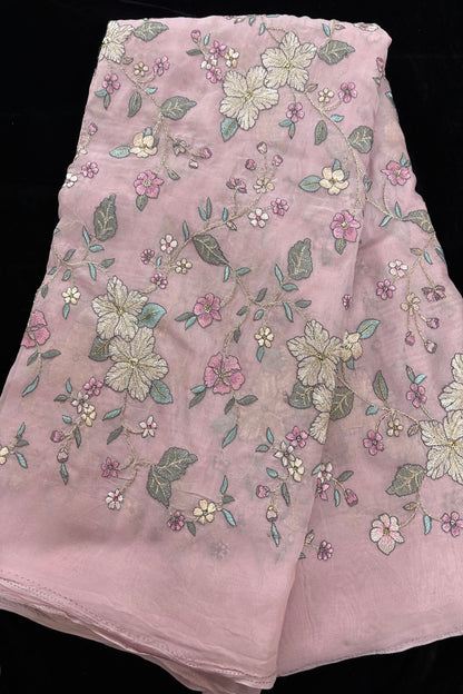 Floral Zaal Embroidery With Sequins & Zari Threads Highlighted Organza Fabric