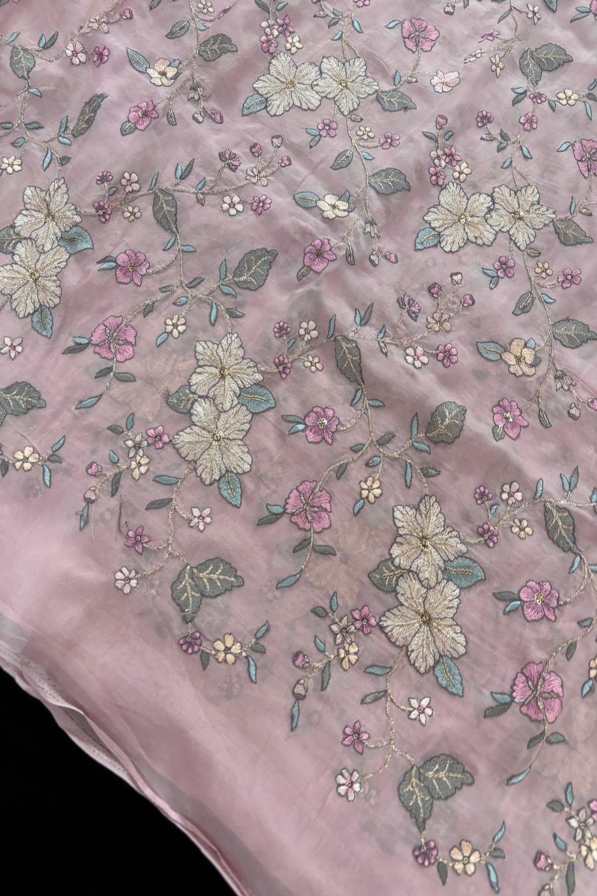Floral Zaal Embroidery With Sequins & Zari Threads Highlighted Organza Fabric