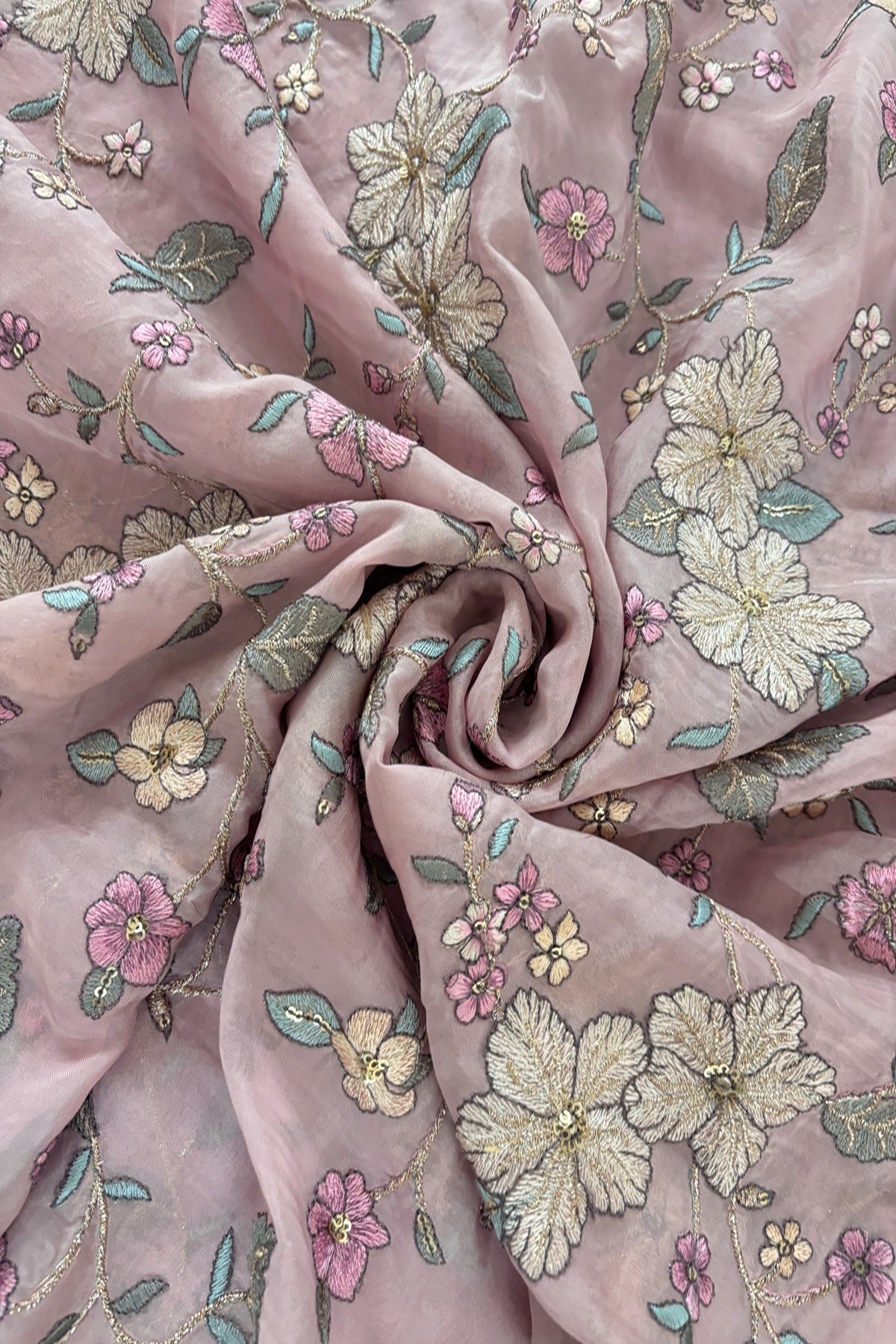 Floral Zaal Embroidery With Sequins & Zari Threads Highlighted Organza Fabric