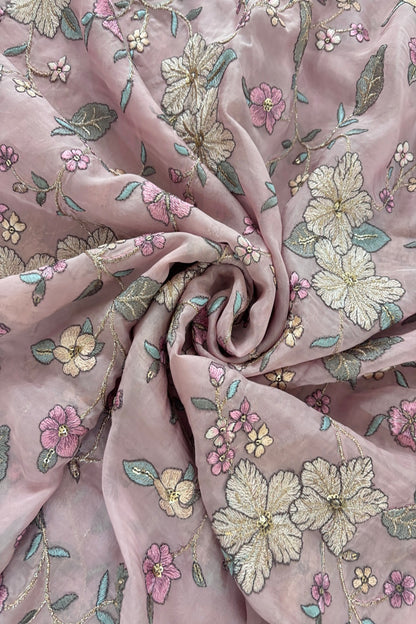 Floral Zaal Embroidery With Sequins & Zari Threads Highlighted Organza Fabric