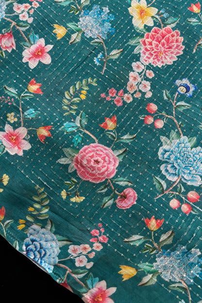 Peach & Powder Blue Floral Prints With Running Sequins Embroidered Chinon Fabric