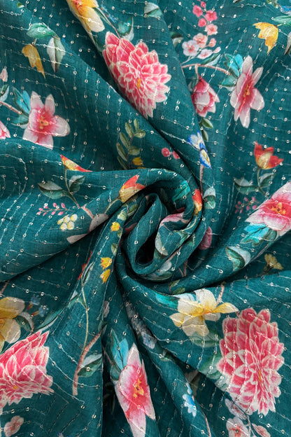Peach & Powder Blue Floral Prints With Running Sequins Embroidered Chinon Fabric
