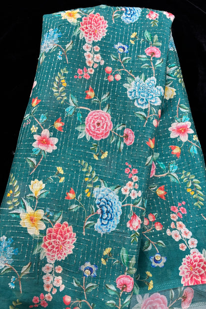 Peach & Powder Blue Floral Prints With Running Sequins Embroidered Chinon Fabric