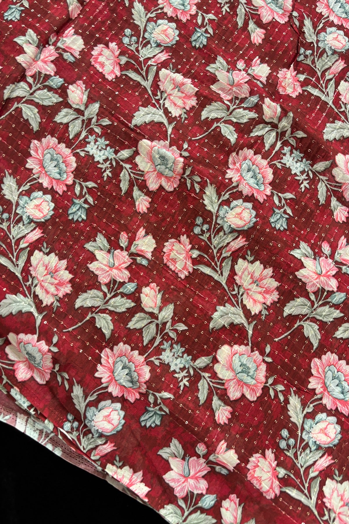 Red & Grey Floral Prints With Running Sequins Embroidered Chinon Fabric