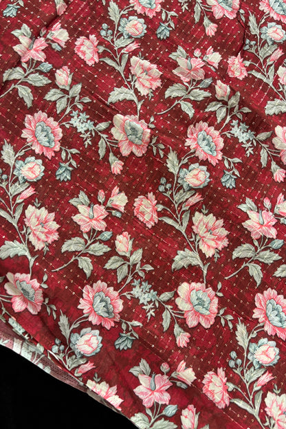 Red & Grey Floral Prints With Running Sequins Embroidered Chinon Fabric