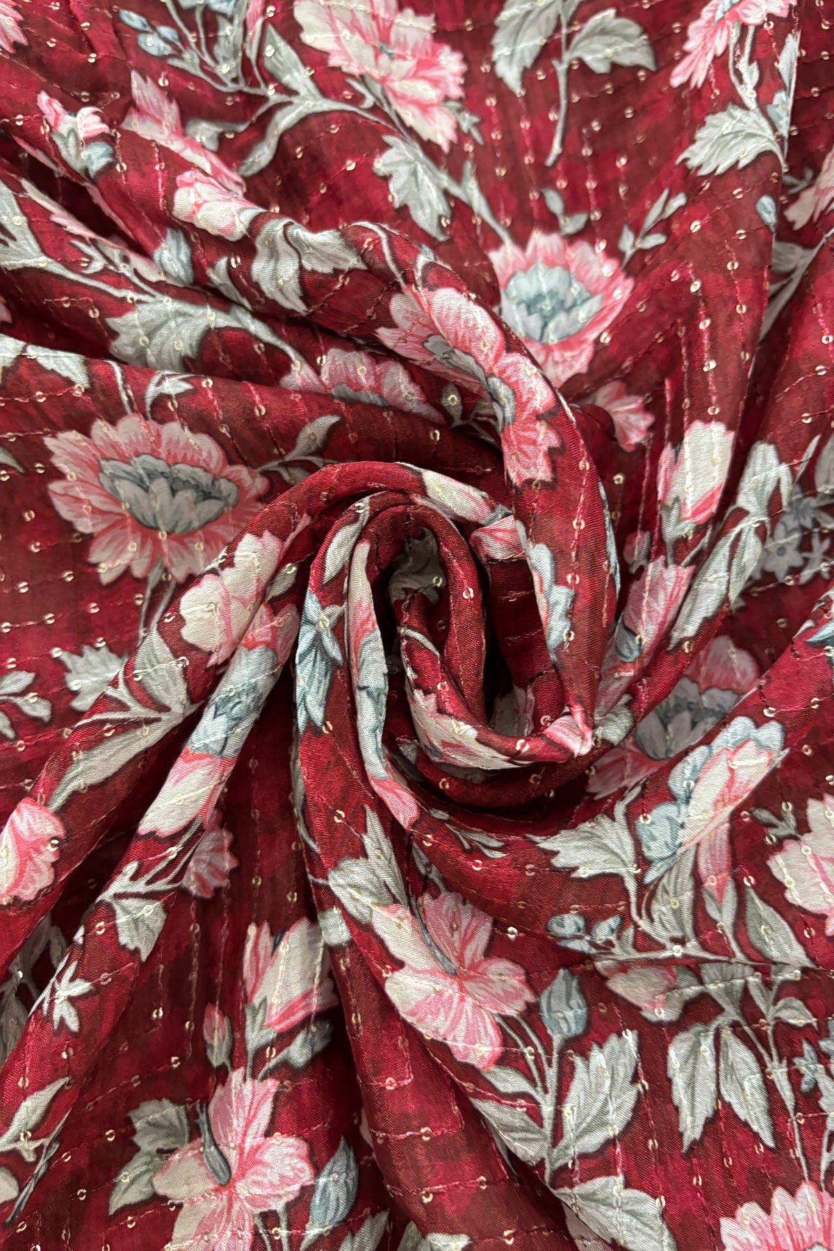 Red & Grey Floral Prints With Running Sequins Embroidered Chinon Fabric