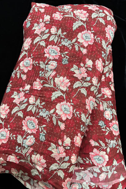 Red & Grey Floral Prints With Running Sequins Embroidered Chinon Fabric