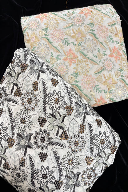 Lillies & Floral Vines With Multi Threads & Sequins Embroidered Mul Cotton Fabric