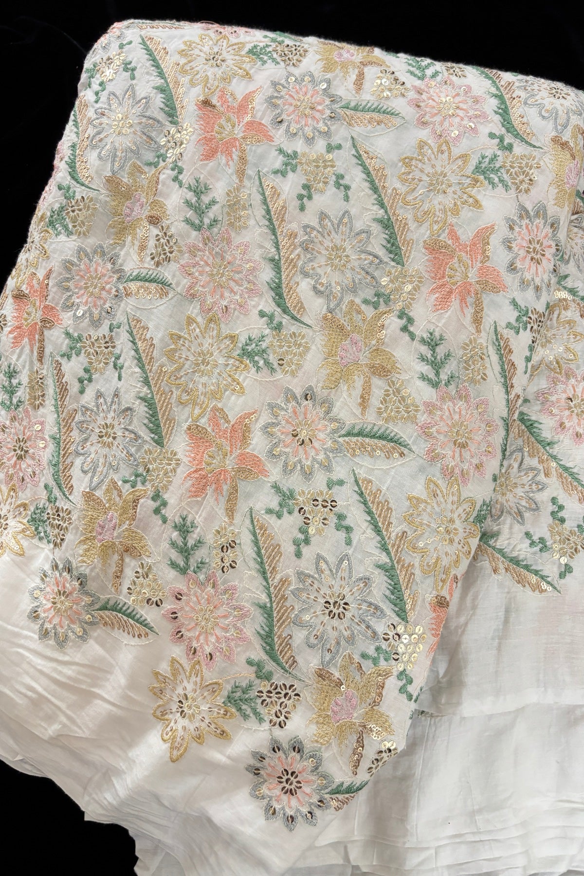 Lillies & Floral Vines With Multi Threads & Sequins Embroidered Mul Cotton Fabric