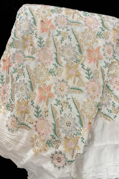 Lillies & Floral Vines With Multi Threads & Sequins Embroidered Mul Cotton Fabric