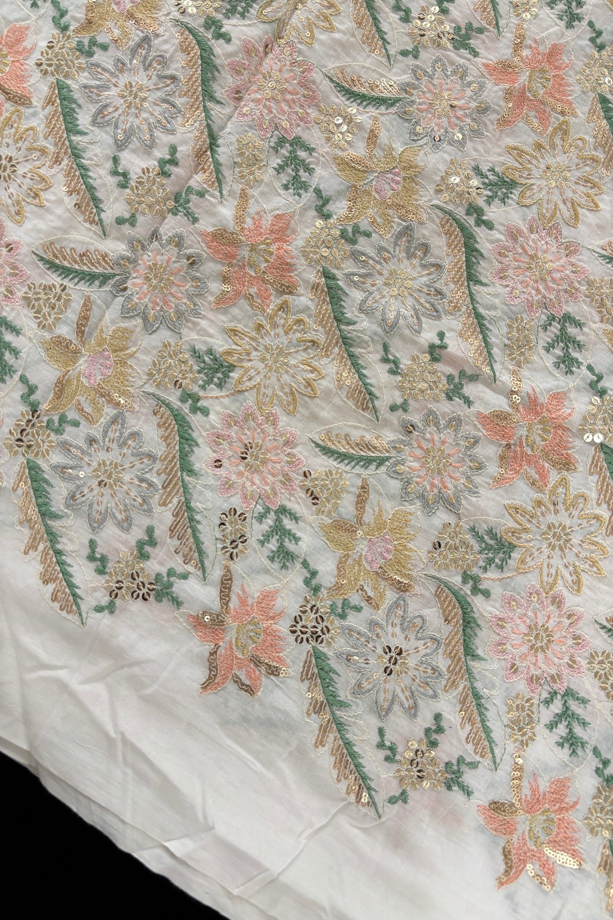 Lillies & Floral Vines With Multi Threads & Sequins Embroidered Mul Cotton Fabric