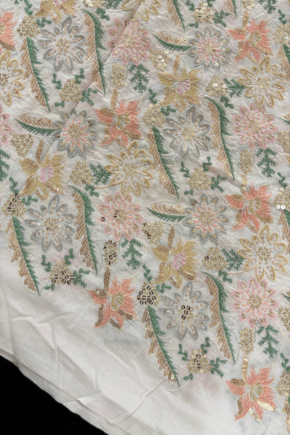 Lillies & Floral Vines With Multi Threads & Sequins Embroidered Mul Cotton Fabric