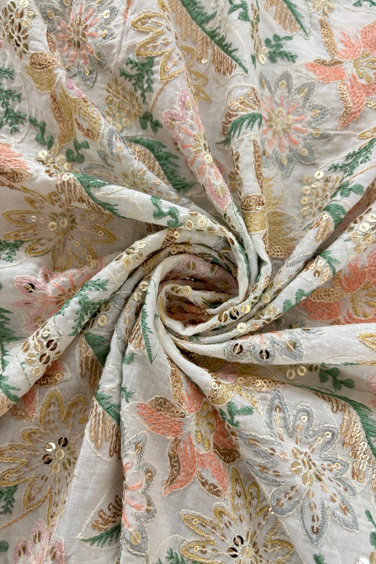 Lillies & Floral Vines With Multi Threads & Sequins Embroidered Mul Cotton Fabric