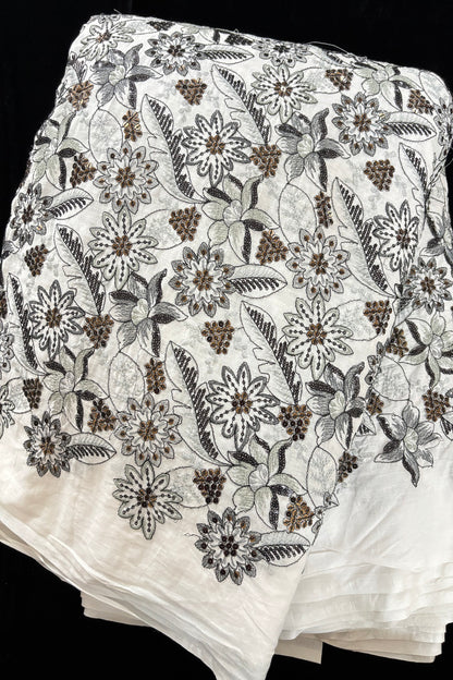 Lillies & Floral Vines With Multi Threads & Sequins Embroidered Mul Cotton Fabric