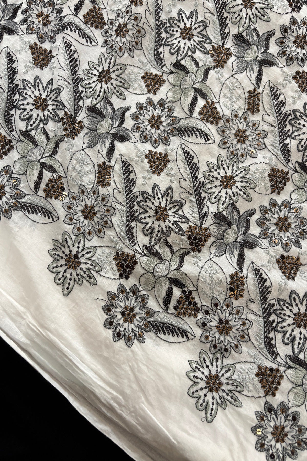 Lillies & Floral Vines With Multi Threads & Sequins Embroidered Mul Cotton Fabric