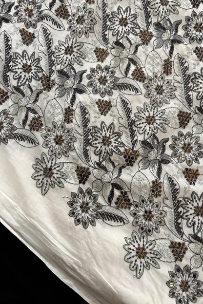 Lillies & Floral Vines With Multi Threads & Sequins Embroidered Mul Cotton Fabric