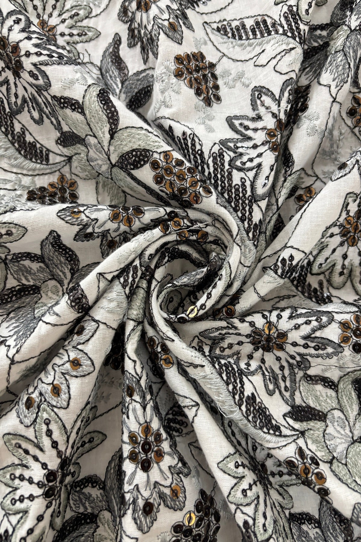 Lillies & Floral Vines With Multi Threads & Sequins Embroidered Mul Cotton Fabric
