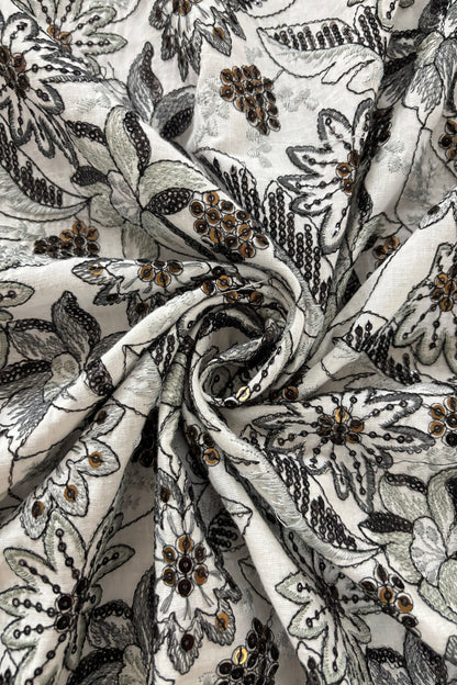 Lillies & Floral Vines With Multi Threads & Sequins Embroidered Mul Cotton Fabric