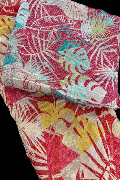 Tropical Leaf Printed with Running Mini Sequins Embroidered Chinnon Fabric