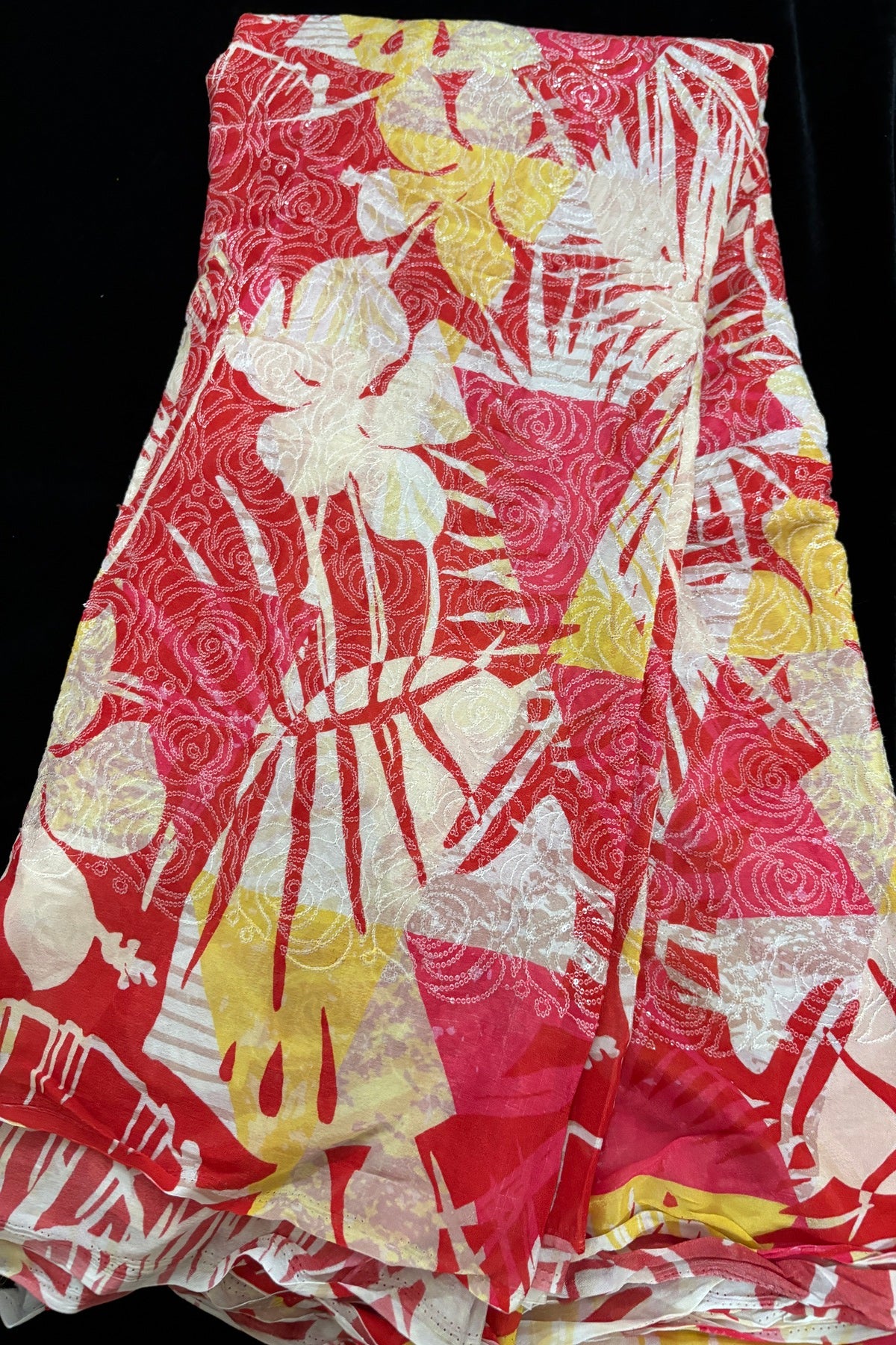 Tropical Leaf Printed with Running Mini Sequins Embroidered Chinnon Fabric