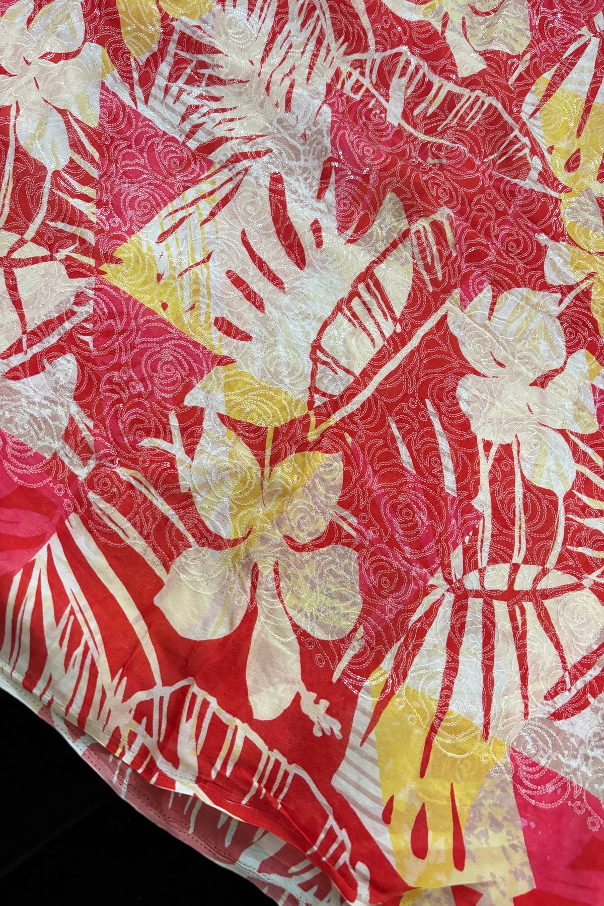 Tropical Leaf Printed with Running Mini Sequins Embroidered Chinnon Fabric