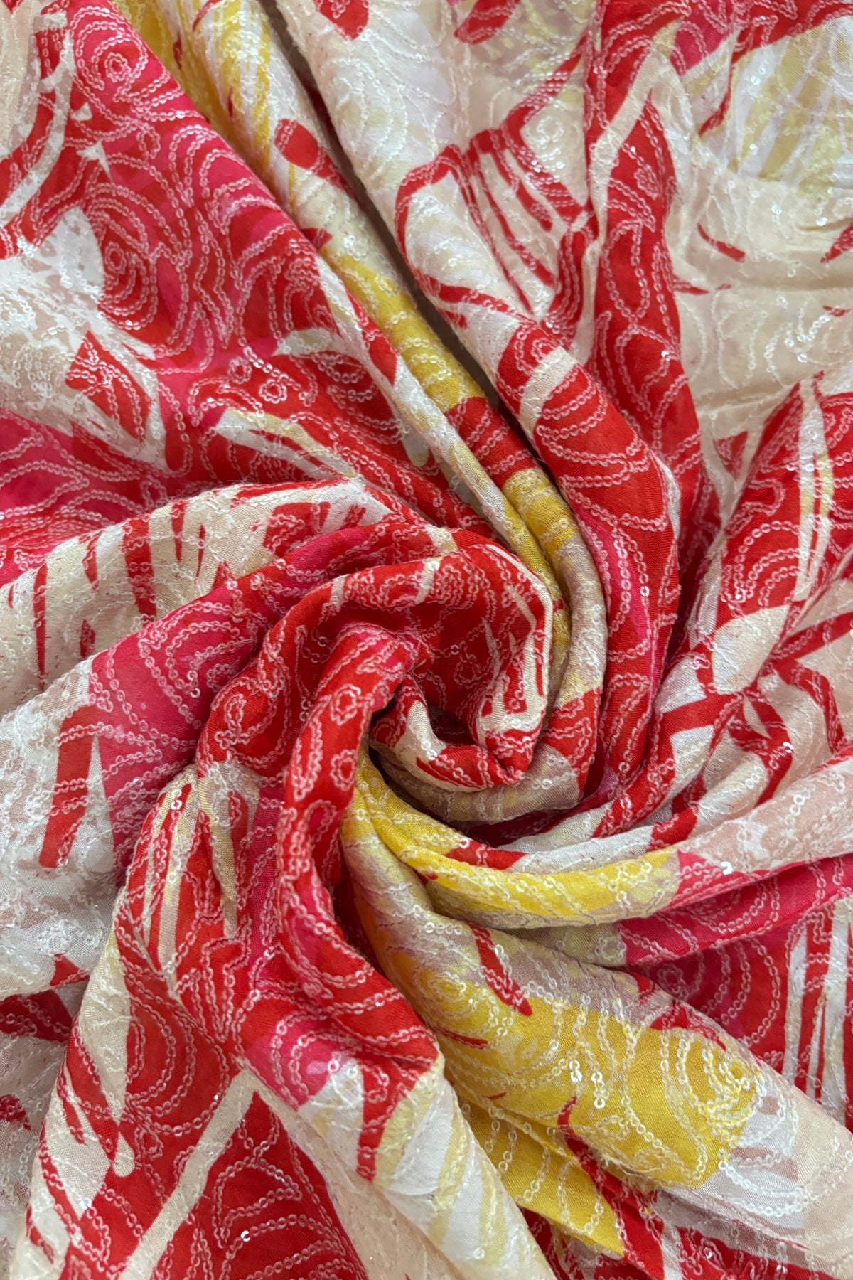 Tropical Leaf Printed with Running Mini Sequins Embroidered Chinnon Fabric